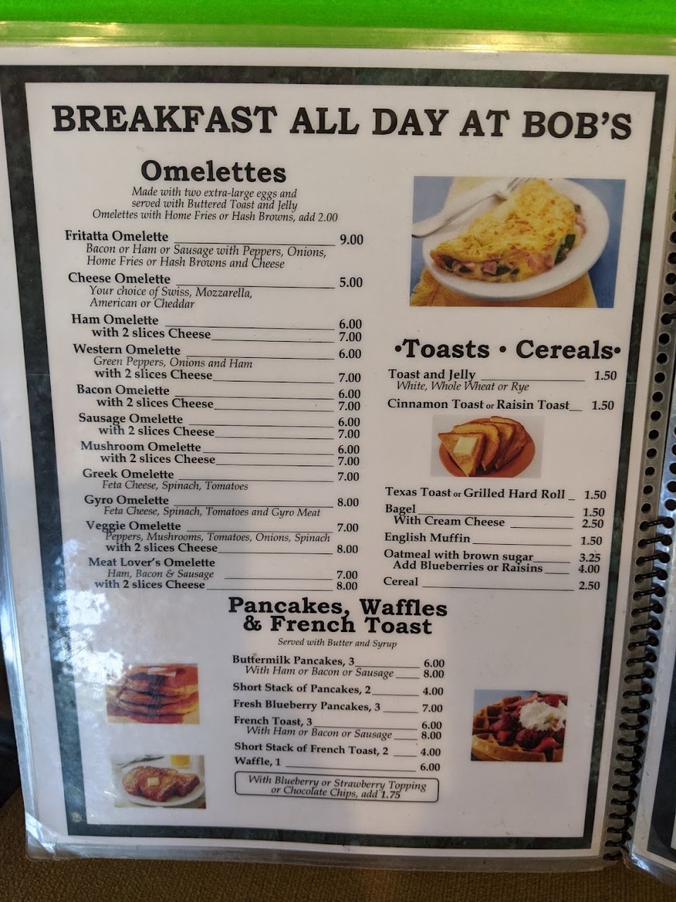 Printed diner menu showing lunch and breakfast choices.