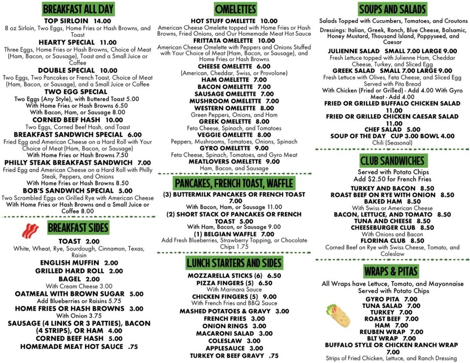 Menu board with burgers, sandwiches, and breakfast plates.